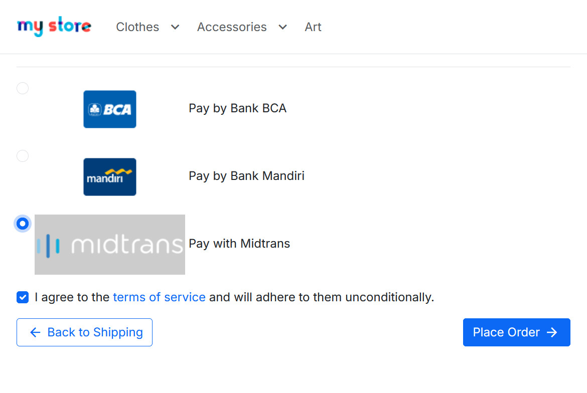 Checkout - pilihan pembayaran Midtrans