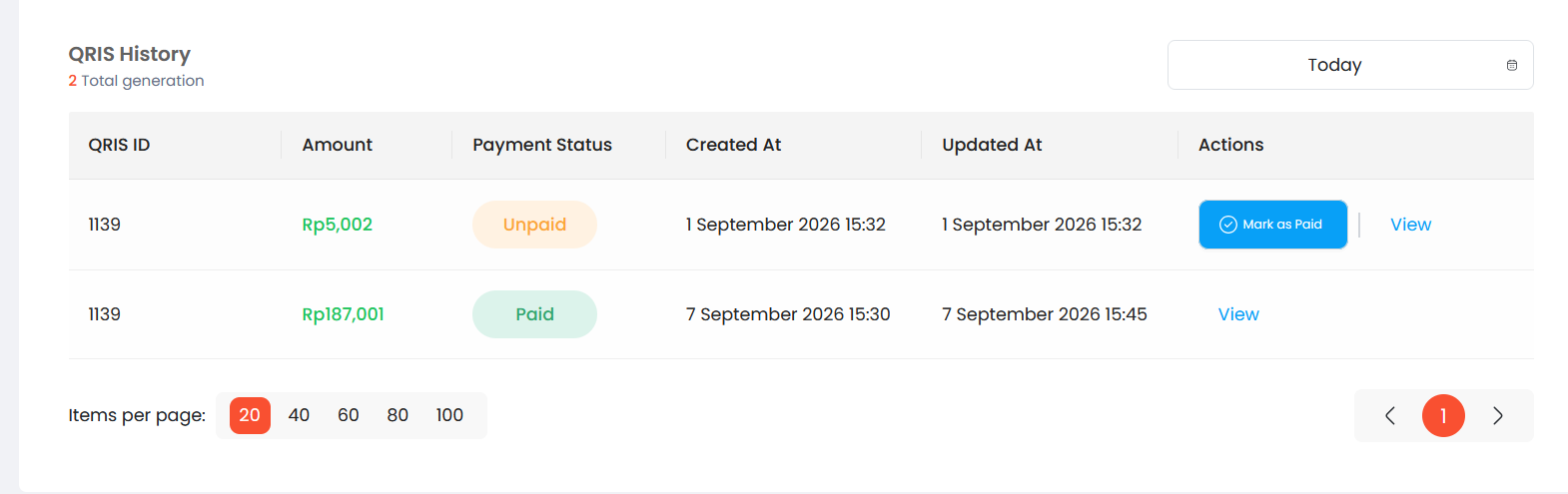 History pembayaran di dashboard QRISLY