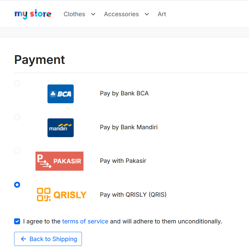 Checkout - pilihan pembayaran QRISLY