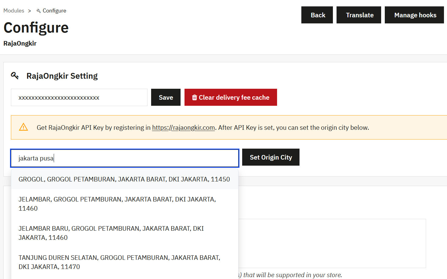 Back office — konfigurasi API & origin