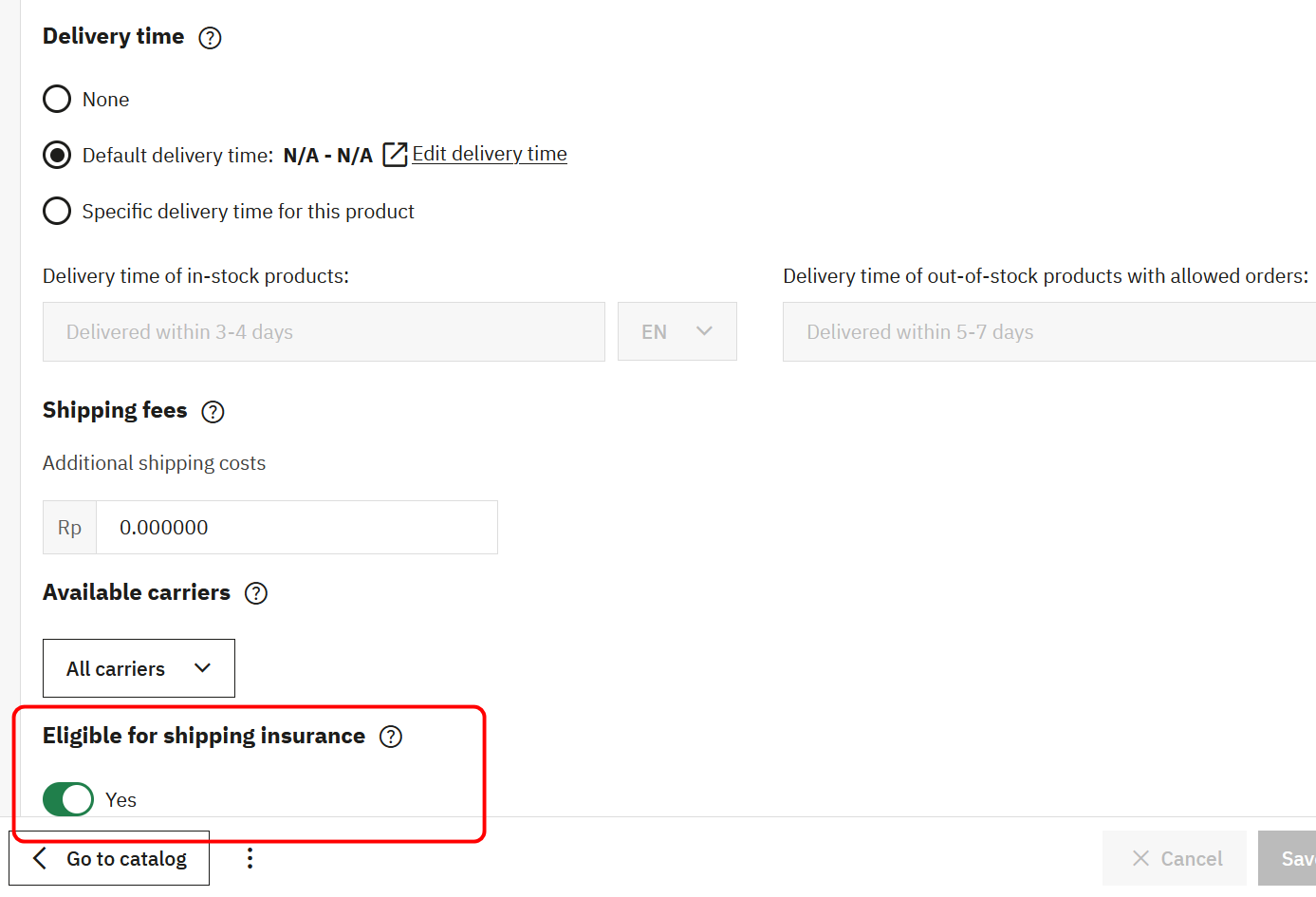 Shipping pada halaman edit produk dengan pilihan Eligible for shipping insurance